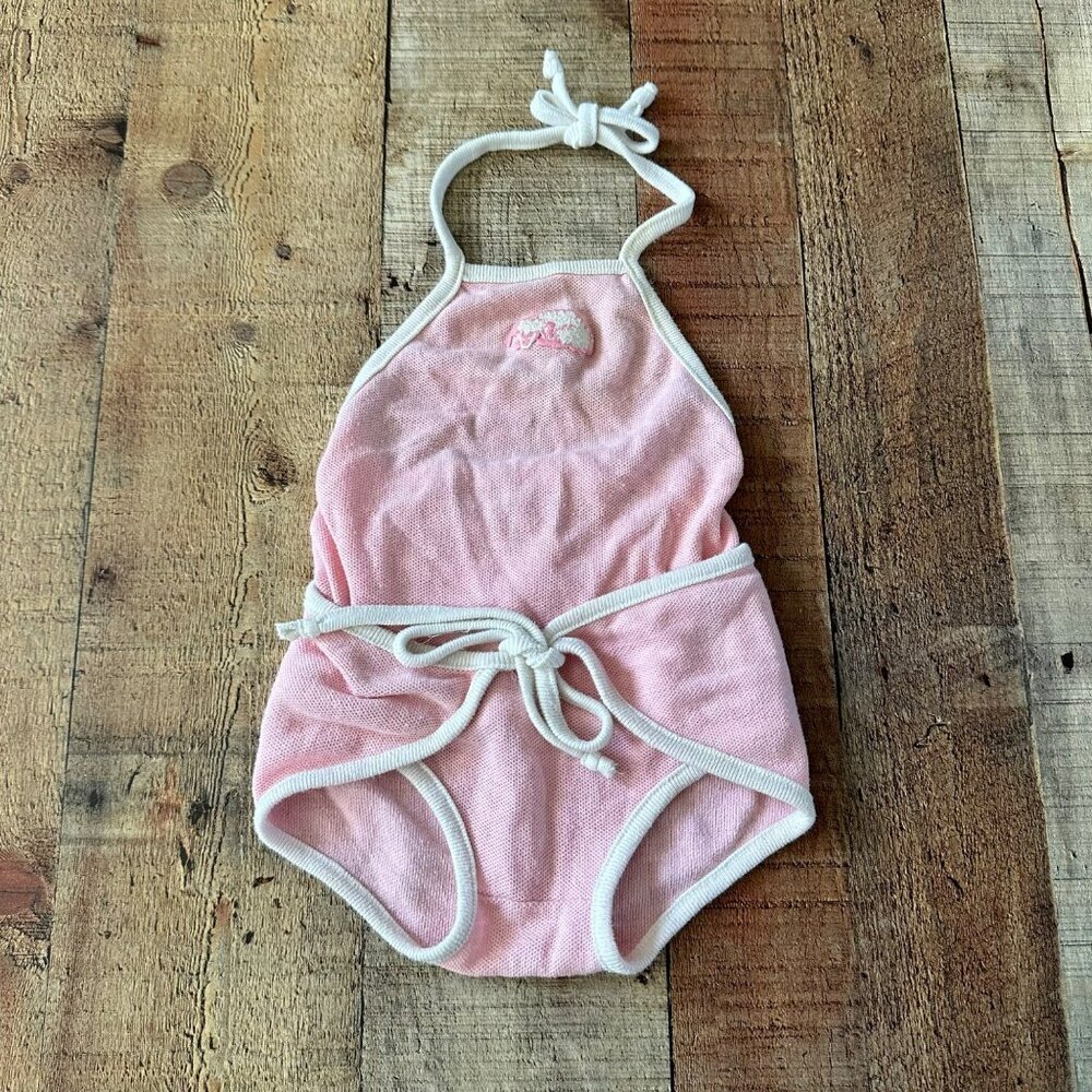 Vintage Pink Baby Girl Halter Top Onesie With Bow Ties & Embroidered Design